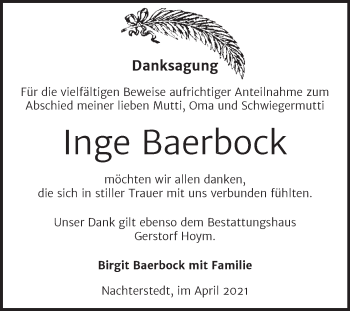 Traueranzeige von Inge Baerbock von Mitteldeutsche Zeitung Aschersleben