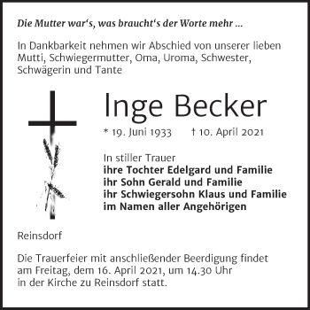 Traueranzeige von Inge Becker von Mitteldeutsche Zeitung Naumburg/Nebra