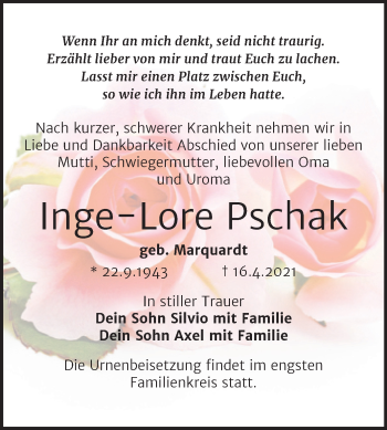 Traueranzeige von Inge-Lore Pschak von Mitteldeutsche Zeitung Köthen