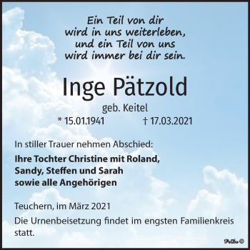 Traueranzeige von Inge Pätzold von Mitteldeutsche Zeitung Weißenfels