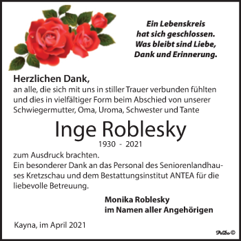 Traueranzeige von Inge Roblesky von Mitteldeutsche Zeitung Zeitz