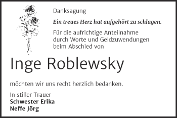 Traueranzeige von Inge Roblewsky von Mitteldeutsche Zeitung Zeitz