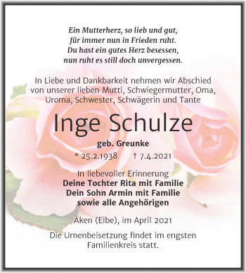 Traueranzeige von Inge Schulze von Mitteldeutsche Zeitung Köthen