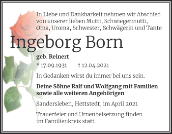 Traueranzeige von Ingeborg Born von Mitteldeutsche Zeitung Mansfelder Land