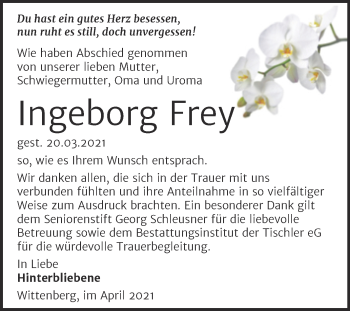 Traueranzeige von Ingeborg Frey von Mitteldeutsche Zeitung Wittenberg