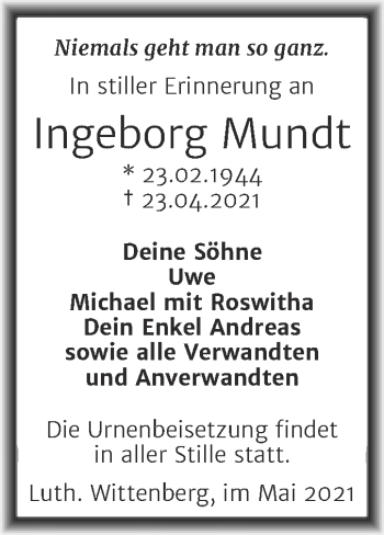 Traueranzeige von Ingeborg Mundt von Trauerkombi Wittenberg