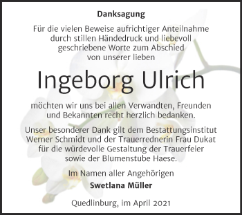 Traueranzeige von Ingeborg Ulrich von Mitteldeutsche Zeitung Quedlingburg