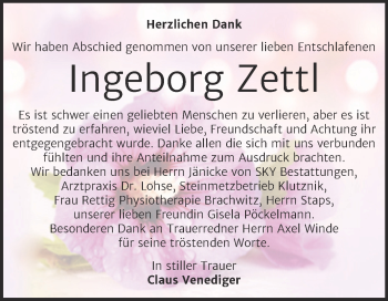 Traueranzeige von Ingeborg Zettl von Trauerkombi Wittenberg