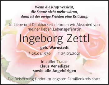 Traueranzeige von Ingeborg Zettl von Mitteldeutsche Zeitung Wittenberg