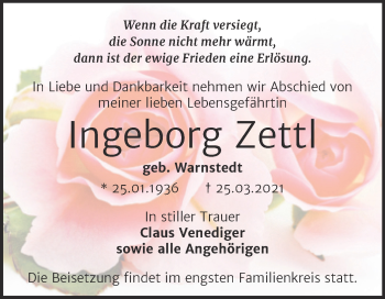 Traueranzeige von Ingeborg Zettl von Super Sonntag Wittenberg