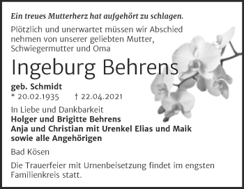 Traueranzeige von Ingeburg Behrens von Mitteldeutsche Zeitung Naumburg/Nebra