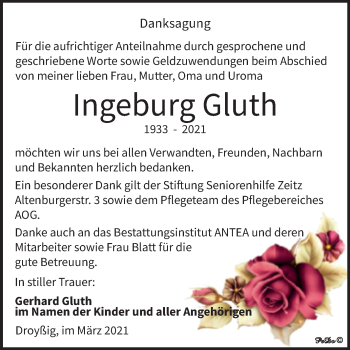 Traueranzeige von Ingeburg Gluth von Mitteldeutsche Zeitung Zeitz