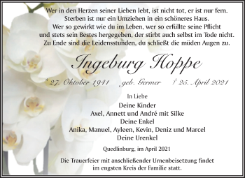 Traueranzeige von Ingeburg Hoppe von Trauerkombi Quedlinburg