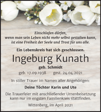 Traueranzeige von Ingeburg Kunath von Trauerkombi Wittenberg