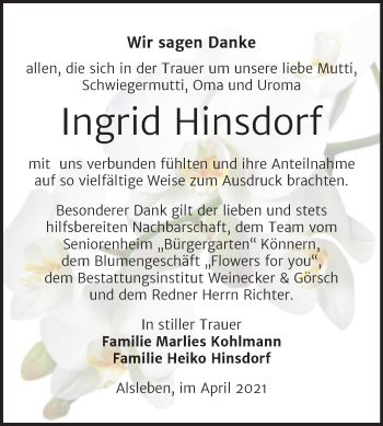 Traueranzeige von Ingrid Hinsdorf von Trauerkombi Bernburg