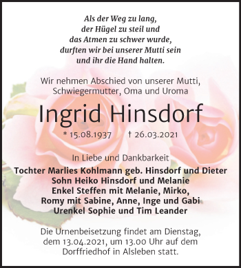 Traueranzeige von Ingrid Hinsdorf von Mitteldeutsche Zeitung Bernburg