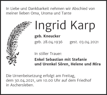 Traueranzeige von Ingrid Karp von Mitteldeutsche Zeitung Aschersleben