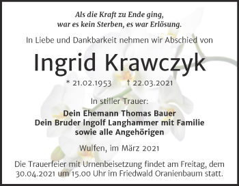 Traueranzeige von Ingrid Krawczyk von Mitteldeutsche Zeitung Bitterfeld