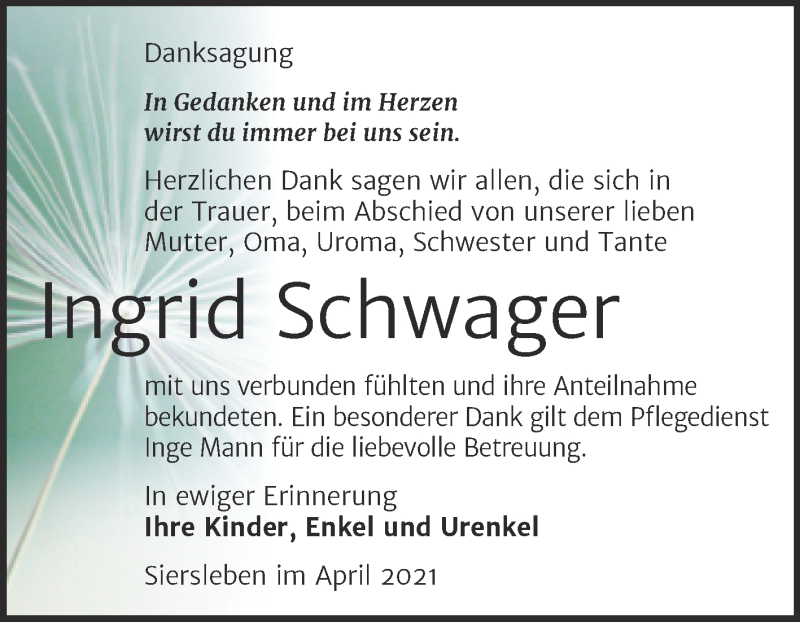  Traueranzeige für Ingrid Schwager vom 28.04.2021 aus Trauerkombi Mansfelder Land