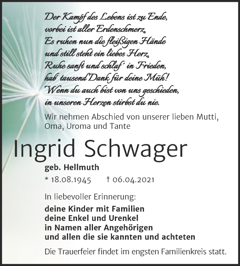  Traueranzeige für Ingrid Schwager vom 14.04.2021 aus Mitteldeutsche Zeitung Mansfelder Land