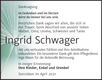 Traueranzeige von Ingrid Schwager von Mitteldeutsche Zeitung Mansfelder Land