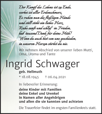 Traueranzeige von Ingrid Schwager von Mitteldeutsche Zeitung Mansfelder Land