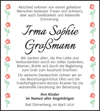 Traueranzeige von Irma Sophie Großmann von Mitteldeutsche Zeitung Merseburg/Querfurt