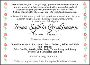 Traueranzeige von Irma Sophie Großmann von Mitteldeutsche Zeitung Merseburg/Querfurt