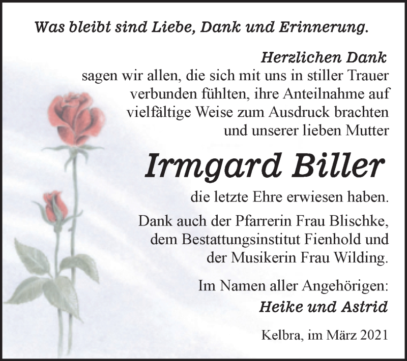  Traueranzeige für Irmgard Biller vom 03.04.2021 aus Mitteldeutsche Zeitung Sangerhausen
