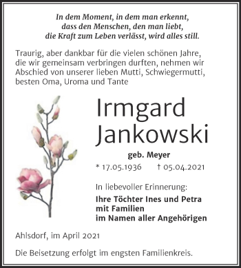 Traueranzeige von Irmgard Jankowski von Mitteldeutsche Zeitung Mansfelder Land