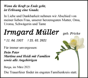 Traueranzeige von Irmgard Müller von Mitteldeutsche Zeitung Sangerhausen