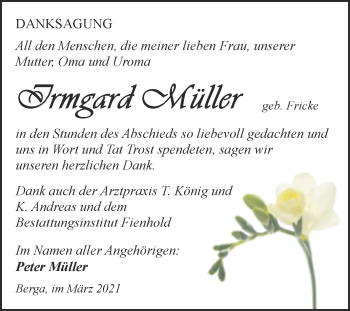 Traueranzeige von Irmgard Müller von Mitteldeutsche Zeitung Sangerhausen