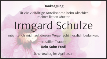Traueranzeige von Irmgard Schulze von Mitteldeutsche Zeitung Köthen