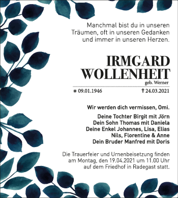 Traueranzeige von Irmgard Wollenheit von Mitteldeutsche Zeitung Köthen