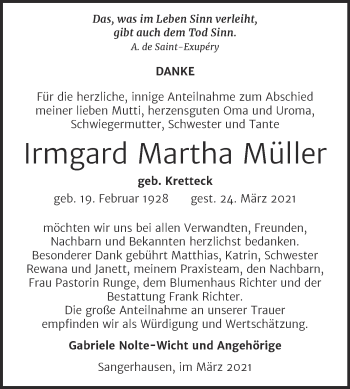Traueranzeige von Irmgard Martha Müller von Trauerkombi Sangerhausen