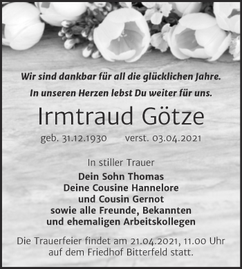 Traueranzeige von Irmtraud Götze von Mitteldeutsche Zeitung Bitterfeld