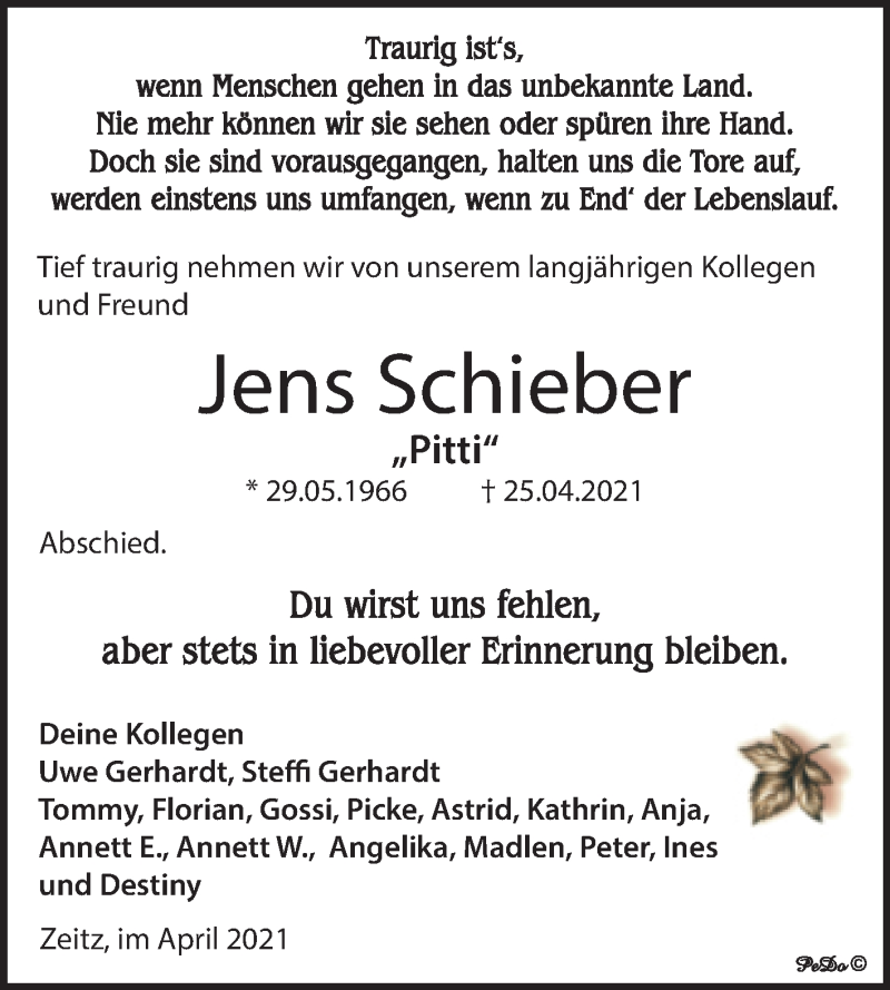  Traueranzeige für Jens Schieber vom 30.04.2021 aus Trauerkombi Zeitz