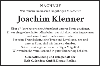 Traueranzeige von Joachim Klenner von Mitteldeutsche Zeitung Dessau-Roßlau