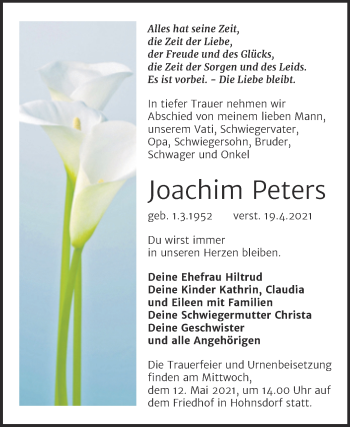 Traueranzeige von Joachim Peters von Mitteldeutsche Zeitung Köthen