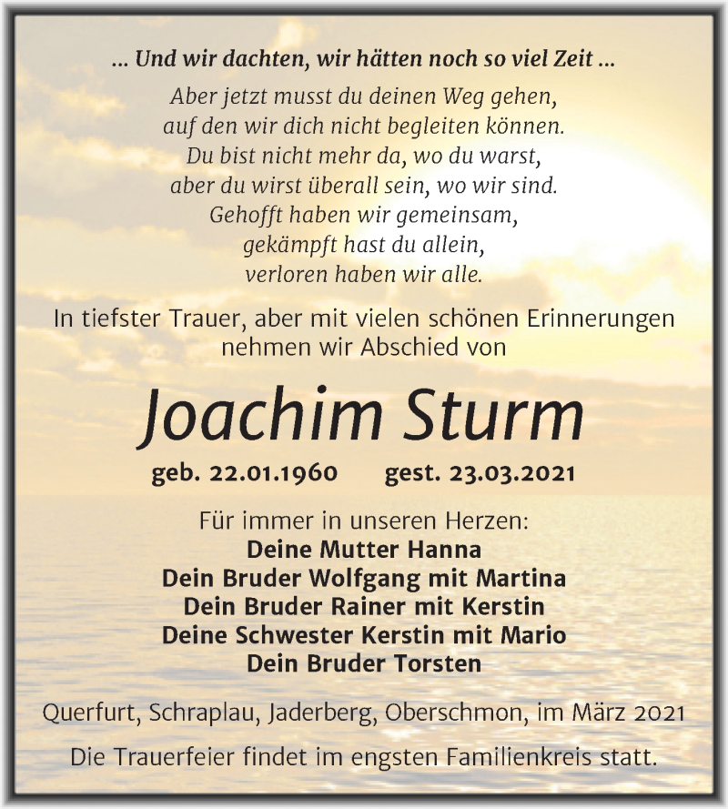  Traueranzeige für Joachim Sturm vom 03.04.2021 aus Mitteldeutsche Zeitung Merseburg/Querfurt