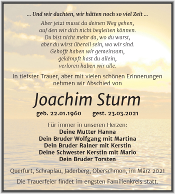 Traueranzeige von Joachim Sturm von Mitteldeutsche Zeitung Merseburg/Querfurt