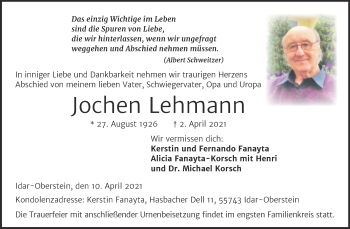 Traueranzeige von Jochen Lehmann von Mitteldeutsche Zeitung Dessau-Roßlau