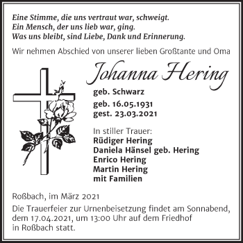Traueranzeige von Johanna Hering von Mitteldeutsche Zeitung Merseburg/Querfurt