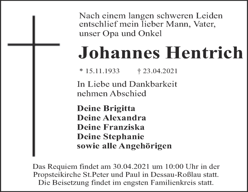  Traueranzeige für Johannes Hentrich vom 29.04.2021 aus Mitteldeutsche Zeitung Dessau-Roßlau