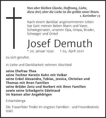 Traueranzeige von Josef Demuth von Mitteldeutsche Zeitung Naumburg/Nebra