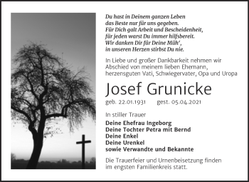 Traueranzeige von Josef Grunicke von Mitteldeutsche Zeitung Wittenberg