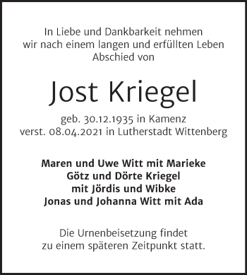 Traueranzeige von Jost Kriegel von Mitteldeutsche Zeitung Wittenberg