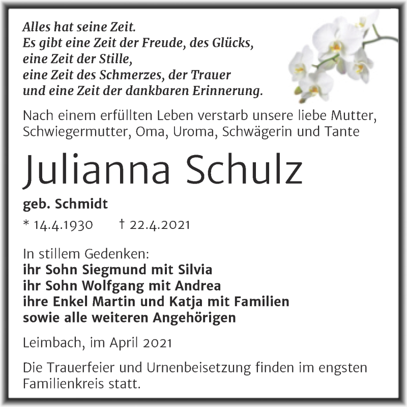  Traueranzeige für Julianna Schulz vom 28.04.2021 aus Trauerkombi Mansfelder Land