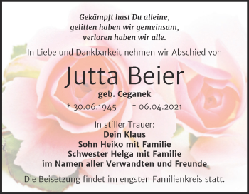 Traueranzeige von Jutta Beier von Mitteldeutsche Zeitung Halle/Saalkreis