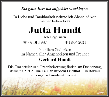 Traueranzeige von Jutta Hundt von Trauerkombi Dessau